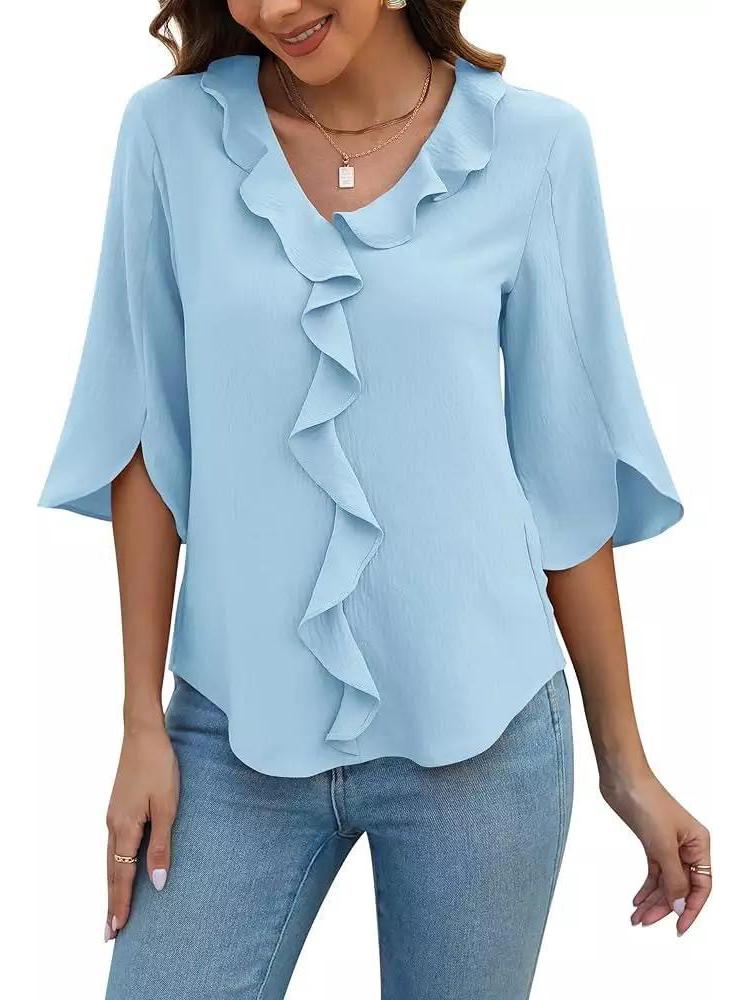 European & American Women's Artistic V-neck Ruffle Casual Shirt