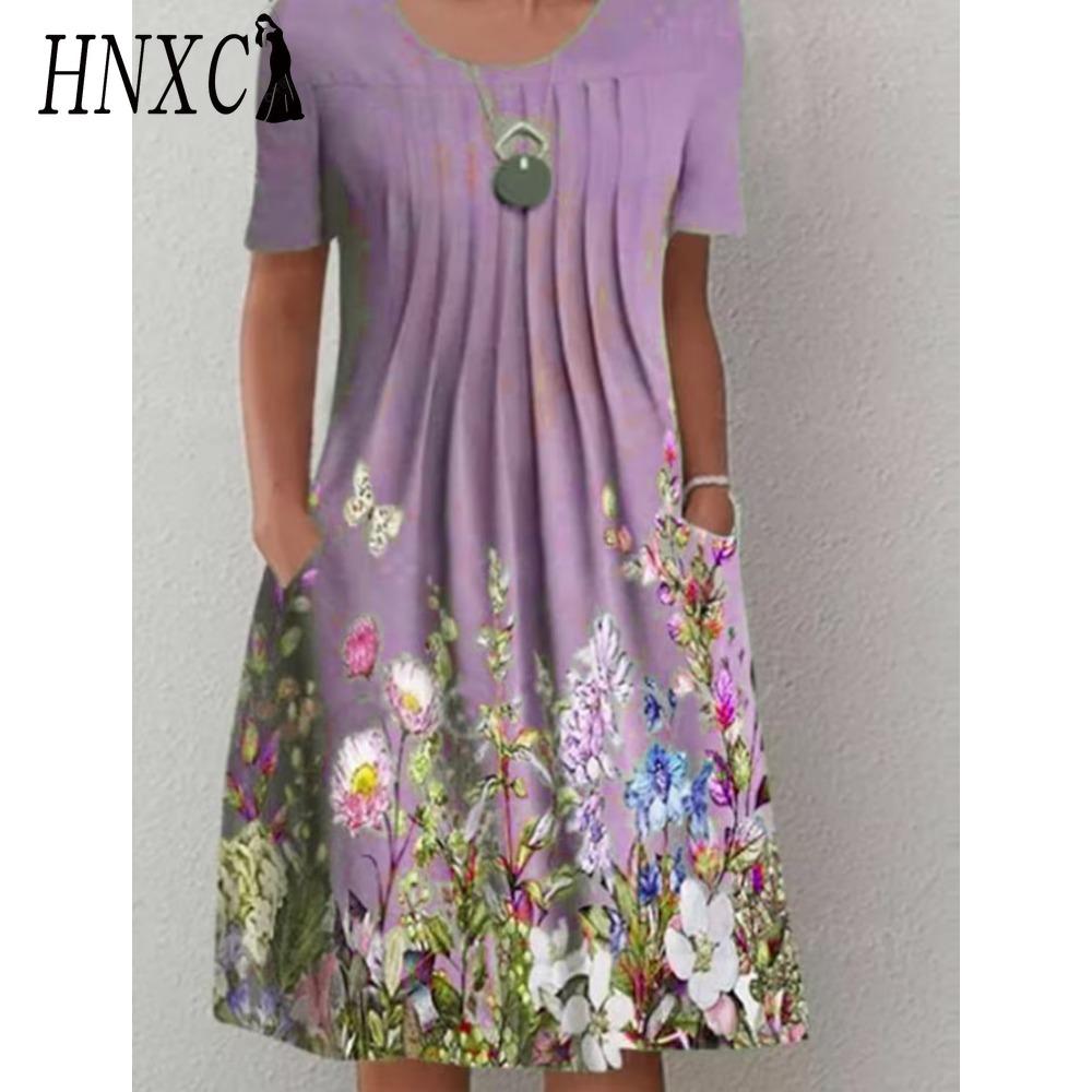 HNXC 30 Color Pleated Midi Dress Short Sleeve Round Neck Loose Hem Mid-Calf Length Women Floral A-Line Party Dress Casual Wear