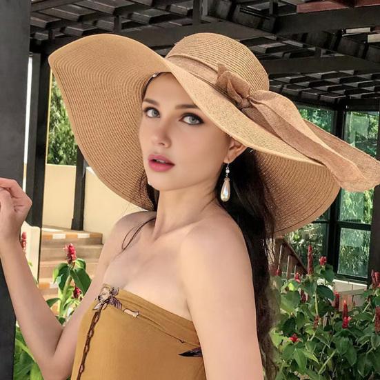 Women Straw Hat Wide Brim Breathable Lightweight Sun Protection Hat with Lace-up Bowknot Decor Sun Hat