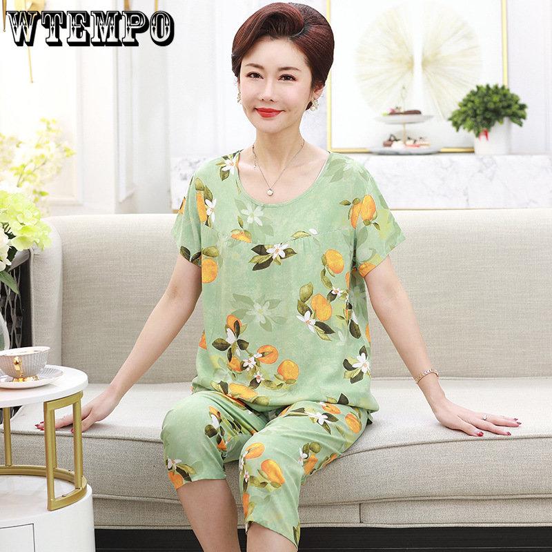 WTEMPO Sommer Mutter Zwei-stück Set Große Größe Großmutter Kleidung Kurzen ärmeln T-shirt Hosen Set Home Wear