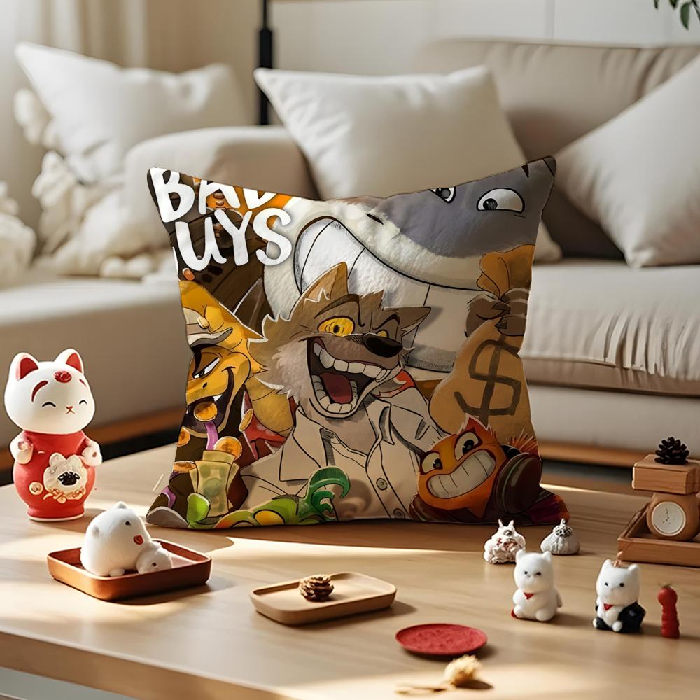 Cartoon TThe Bad Guys  Cushion Cover Silky Short Plush with Invisible Zipper Dustproof Sofa Pillow Cover for Home Decor