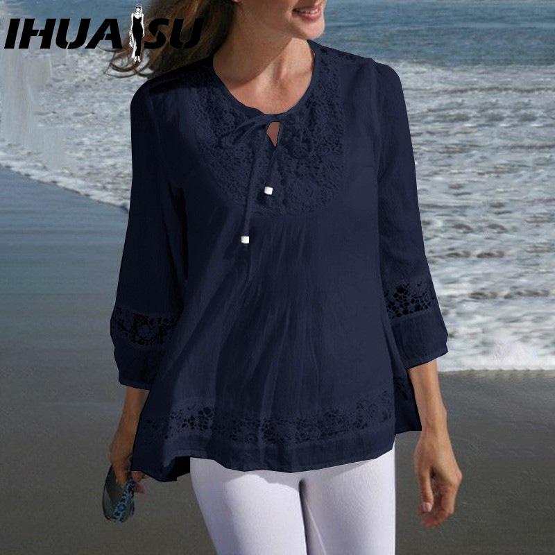 

IHUASU Женская модная повседневная блузка с 3/4 рукавом и О-образным вырезом, однотонная с принтом XXXXXL темно-синий