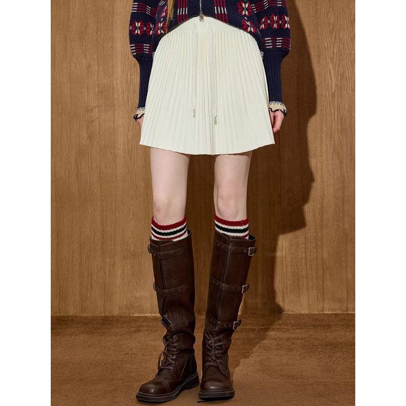 Coolhut Lace-Up Elastic Waist Slimming Knitted Pleated High-Waisted Preppy Style 2026 Winter Half Skirt