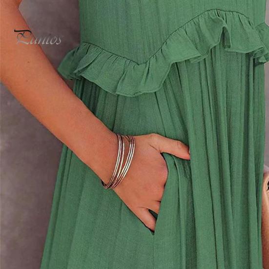 Dámské letní šaty s volánky, halterový výstřih, bez rukávů, volné, jednobarevné, plisované, s odhalenými rameny, patchworkové, dovolenkové, plážové, maxi šaty