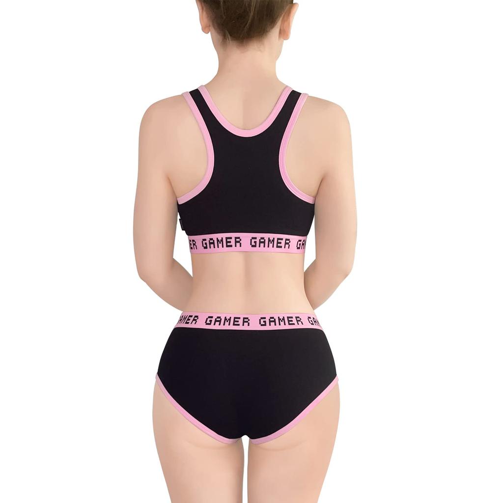 LittleForBig Women's 2-Piece Bralette Set [Playgirl] Cotton Cami and Panties (Black, Size XS)