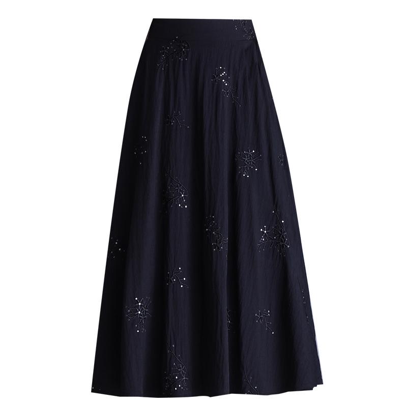 Women's Spring 2026 Retro High-Waist Sequin Embroidered A-Line Long Black Skirt