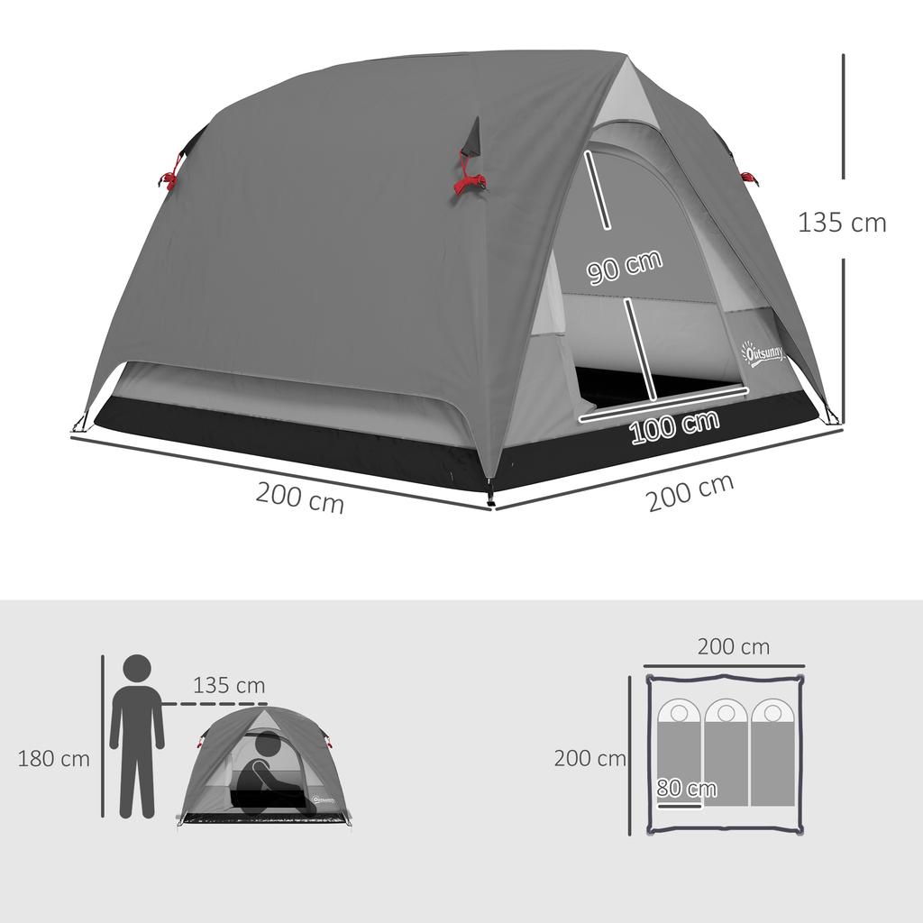 3-4 Person Camping Tent, Easy Set Up 3-4 Man Tent w/ Sewn-in Groundsheet, Waterproof Dome Tent w/ Mesh Windows, Grey