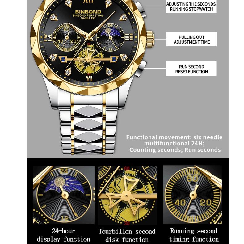 BINBOND Top Business Men's Watches Classic Diamond Scale Dial Luxury Quartz Wrist Watch 30M Waterproof Luminous Men Watch