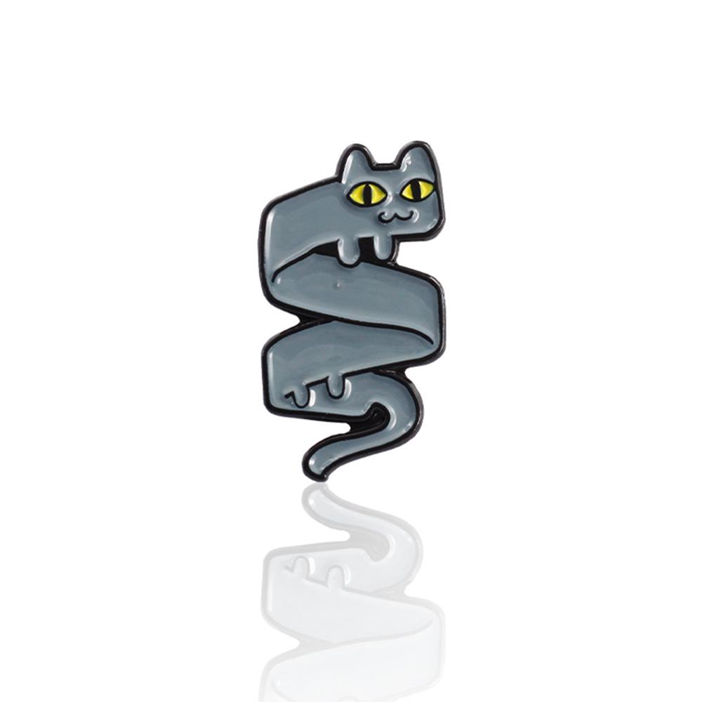 Twisty Cat Yoga Brooch: Grey & White Cartoon Cats Entwined