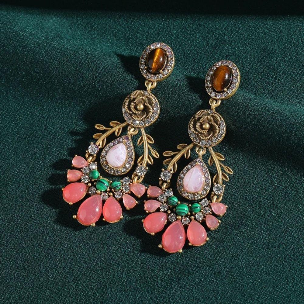 Trendy Flower Necklace Earring Inlaid Rhinestone Clavicle Chain Pink Water Drop Necklace Banquet