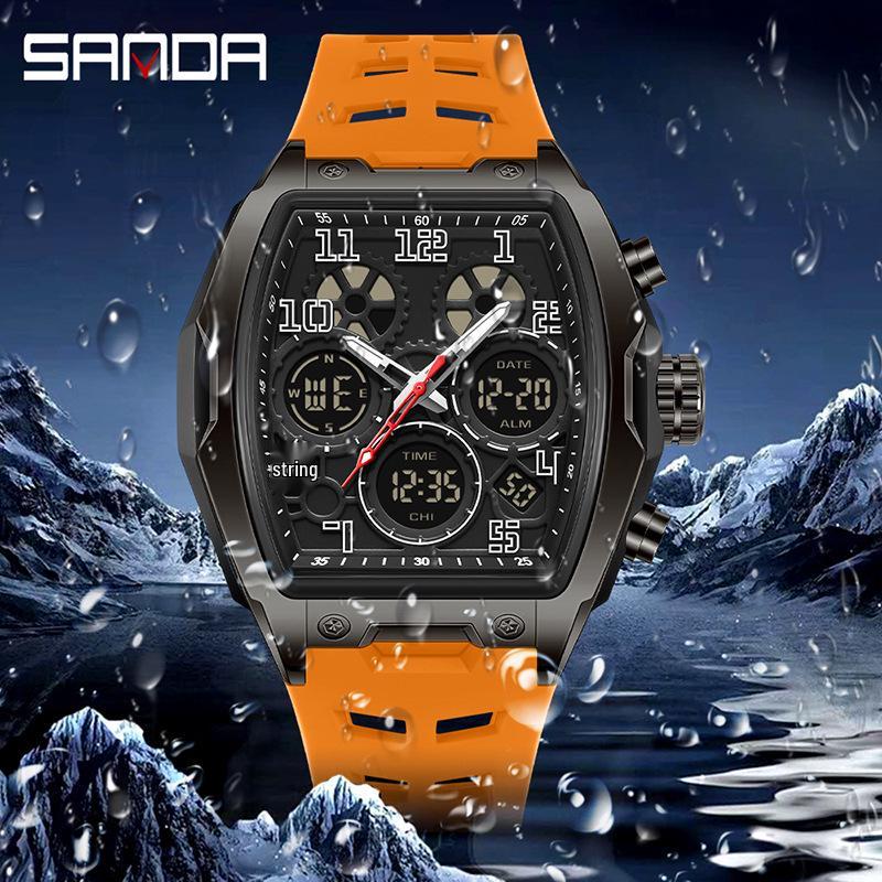 SANDA Youth Barrel-Shaped Sports Watch: Stylish, Multifunctional, Waterproof, and Countdown Features.