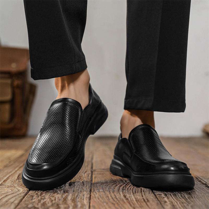 Leather shoes men's summer business leisure work shoes hollow breathable punched soft leather all black pure cowhide men's shoes