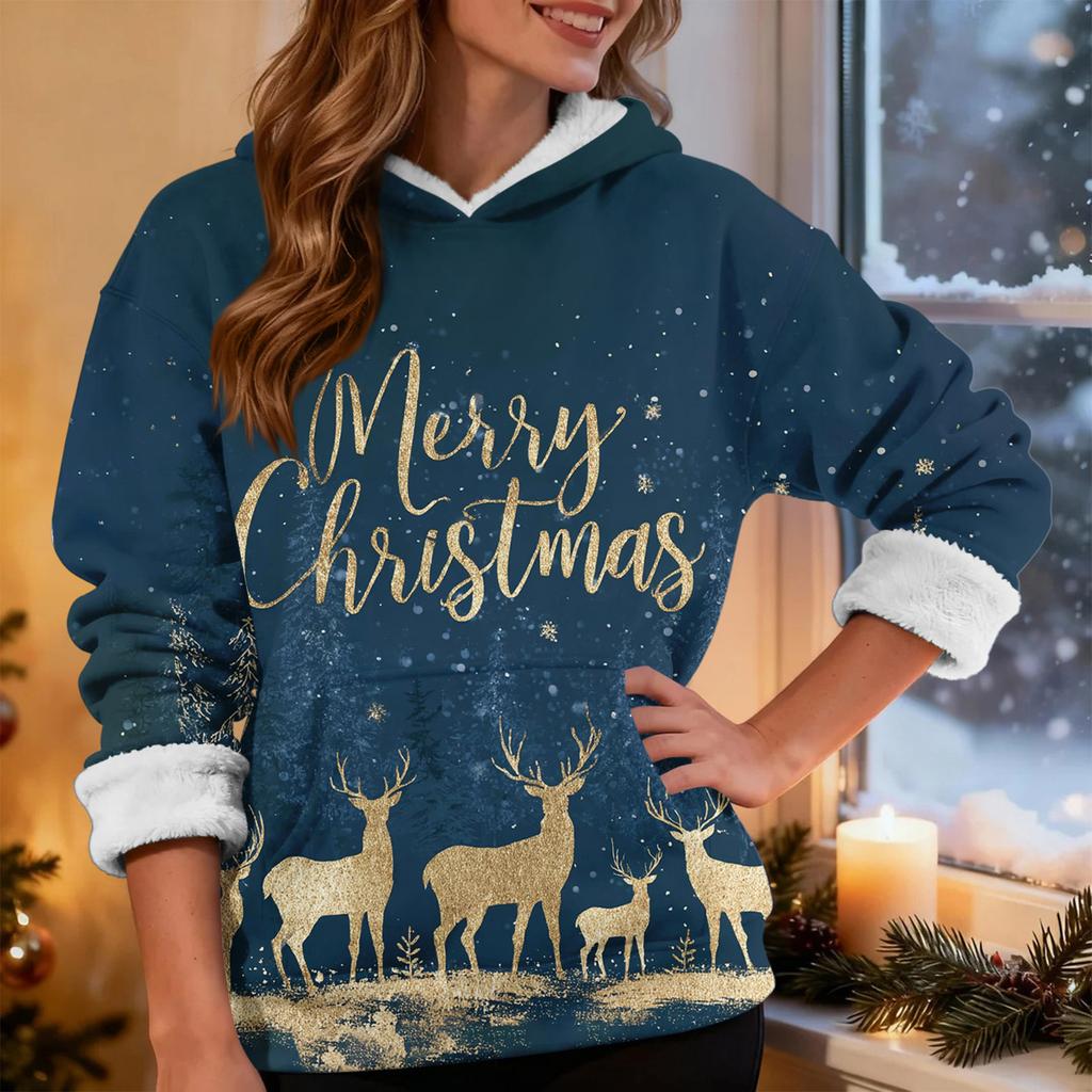 Women's Fashionable Casual Long-Sleeved Christmas Print Fleece-Lined Thick Hooded Sweatshirt