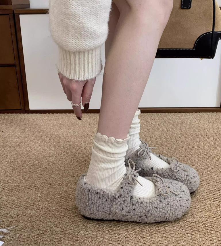 Gentle Wind White Bow Fluffy Shoes Winter Wear Mary Jane One Pedal Lazy Velvet Warm Soft-soled Cotton Shoes
