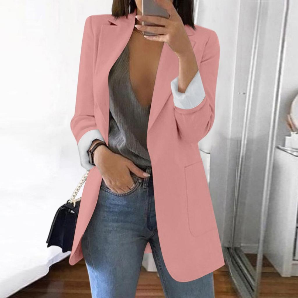 Women Solid Open Front Pockets Cardigan Formal Suit Long Sleeve Blouse Coat