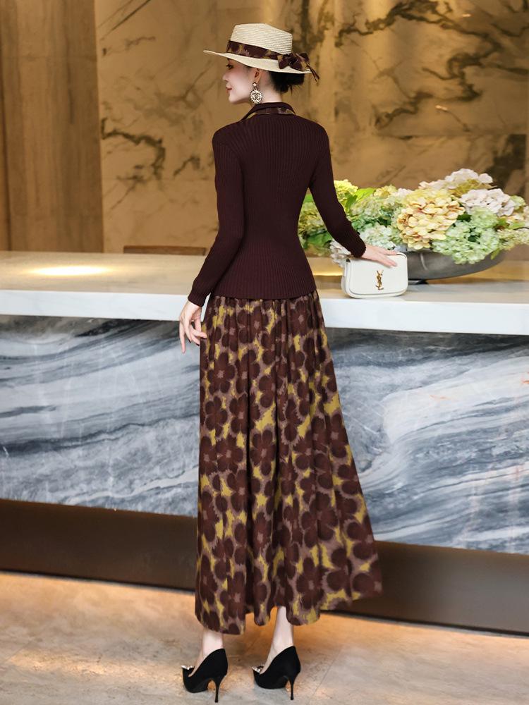 2025 Autumn Slim Fit Knit Cardigan & Floral Midi Skirt Set