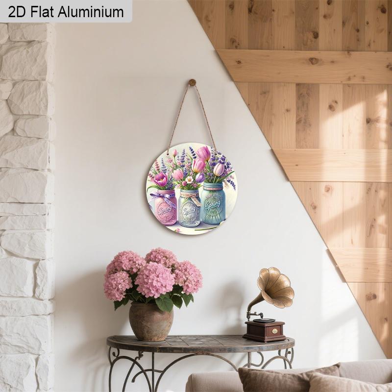 2D Flach 1 Stück Frühling Pastoral Vase Aluminiumschild Rund Dekoratives Hängendes Ornament, Haus Küche Garten Balkon Zaun Dekoration, Gärtnerei Studio Dekoration