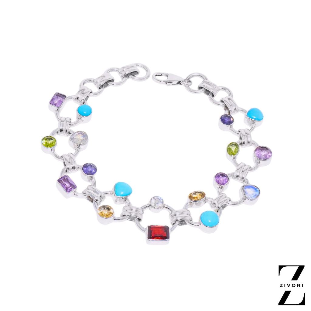 Multi Gemstone Bracelet: Handmade 925 Sterling Silver Jewelry