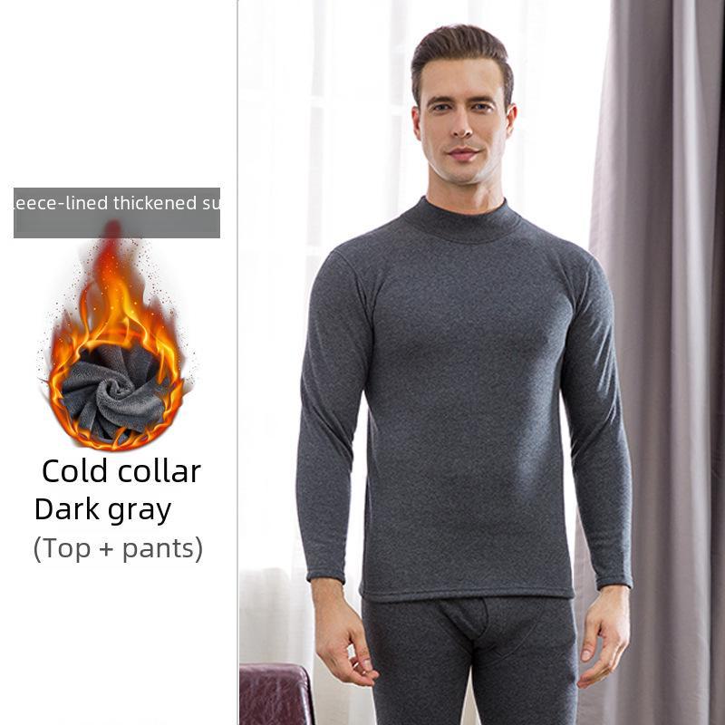 Men's Plus Velvet Thickened Thermal Underwear Set for Middle-aged and Elderly - High-collar Autumn Top and Pants