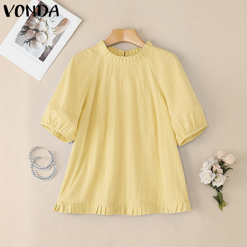 

VONDA Жіночі блузи з рюшами на шиї, з коротким рукавом, однотонні, повсякденні жовтий