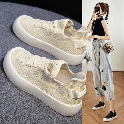 2024 New Summer Thin Breathable Mesh Women's Shoes Fly Knit Thick Sole Sports Shoes Men's Casual Rubber Upper Material
