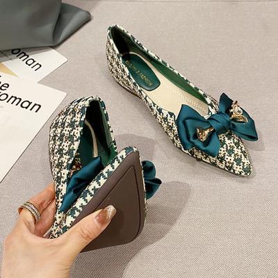 Moda Elegante Verde Sapatos Pied-de-poule Senhoras Latch Laço Flats Escritório Vestido Bico Fino Mocassins Femme Cristal Rebite Bailarina Mulher