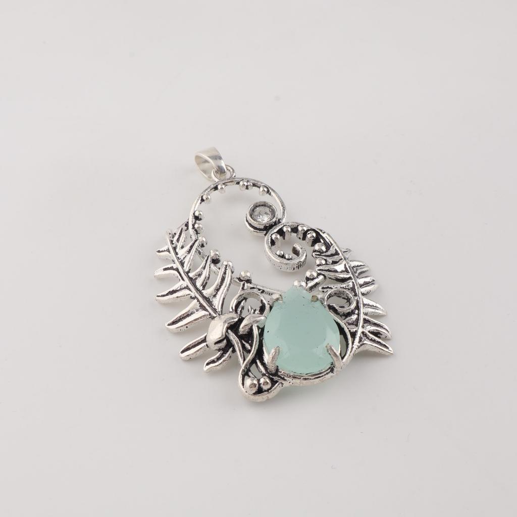 Aqua Chalcedony Gemstone 925 Sterling Silver Handcrafted Unique Pendant 1.8" CP-42-18