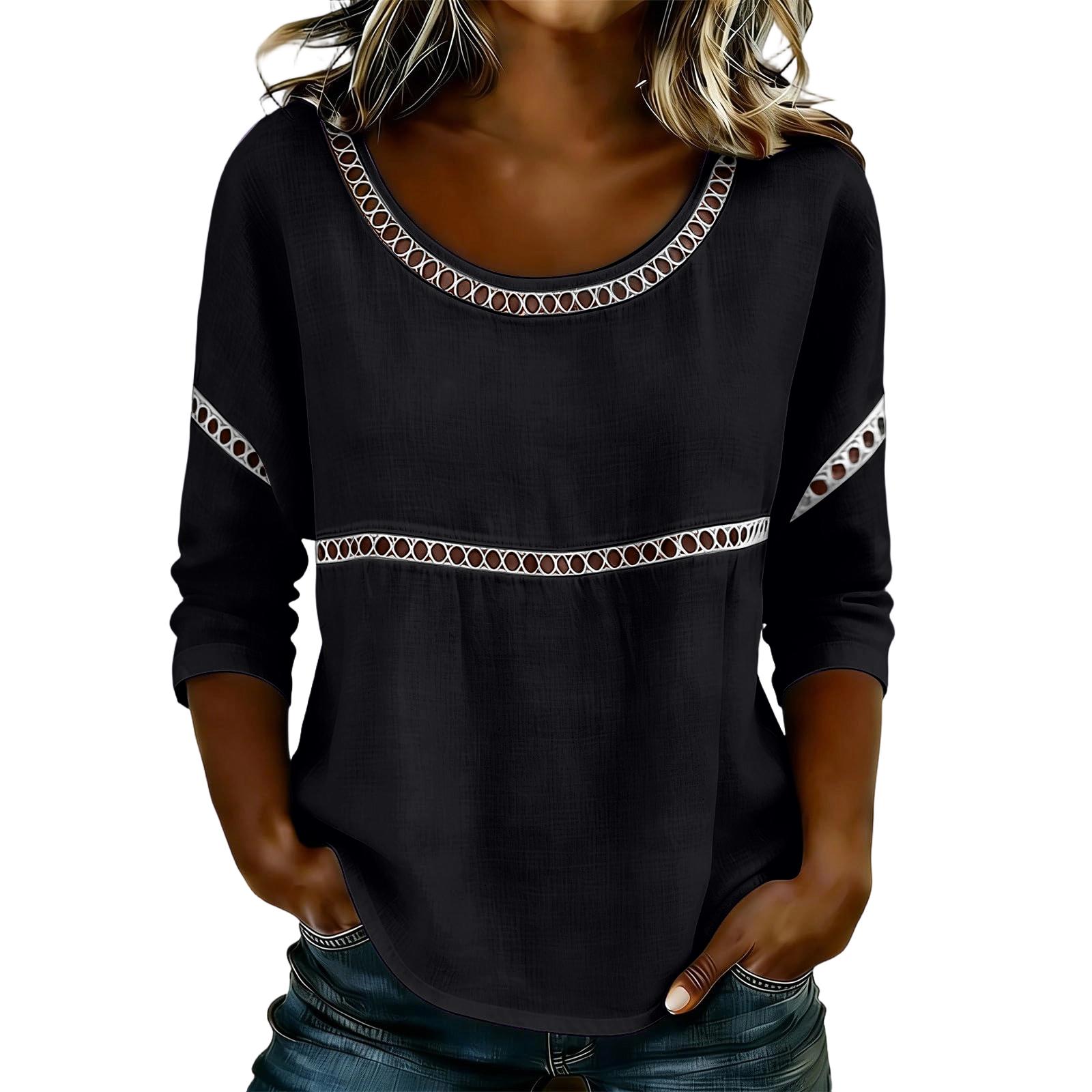 

Женский летний модный цветной повседневный топ-свитер с круглым вырезом и ажурным узором L чёрный