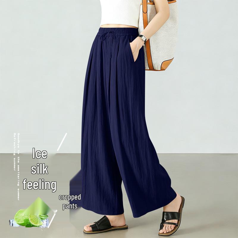 Women's Summer Ice Silk Cropped Loose-Fit Plus Size Pants, Elastic Waist & Petite 8-Point Casual Thin Pants
