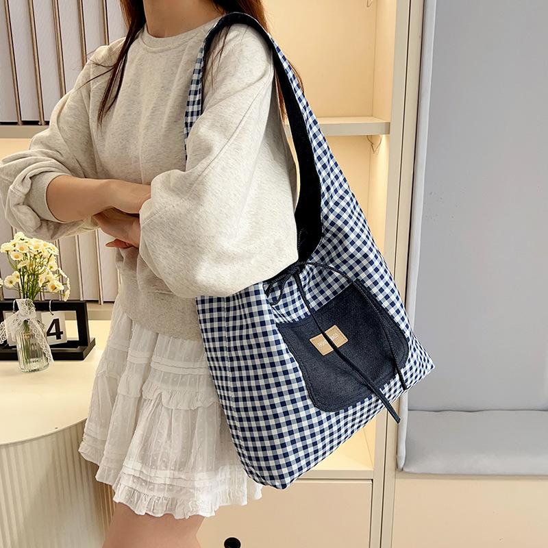 Casual commuter big bag women's 2025 new double-sided denim single shoulder underarm tote bag large capacity plaid bag