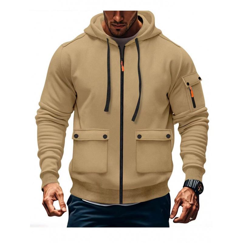 

2026 Autumn and Winter New Hooded Pocket Zipper Casual Sweatshirt Simple Solid Color M хаки