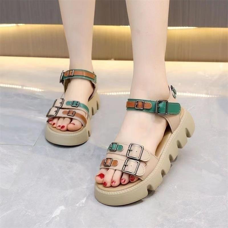 Women Leather Thick Soles Sandals Retro Wedges Slides Comfortable Outdoor Platform Sandal