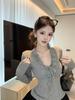 Women's Gray V-Neck Lace-Up Slim Fit Long-Sleeve T-Shirt, Winter Waist-Cinching Base Layer with Pure Desire Style.