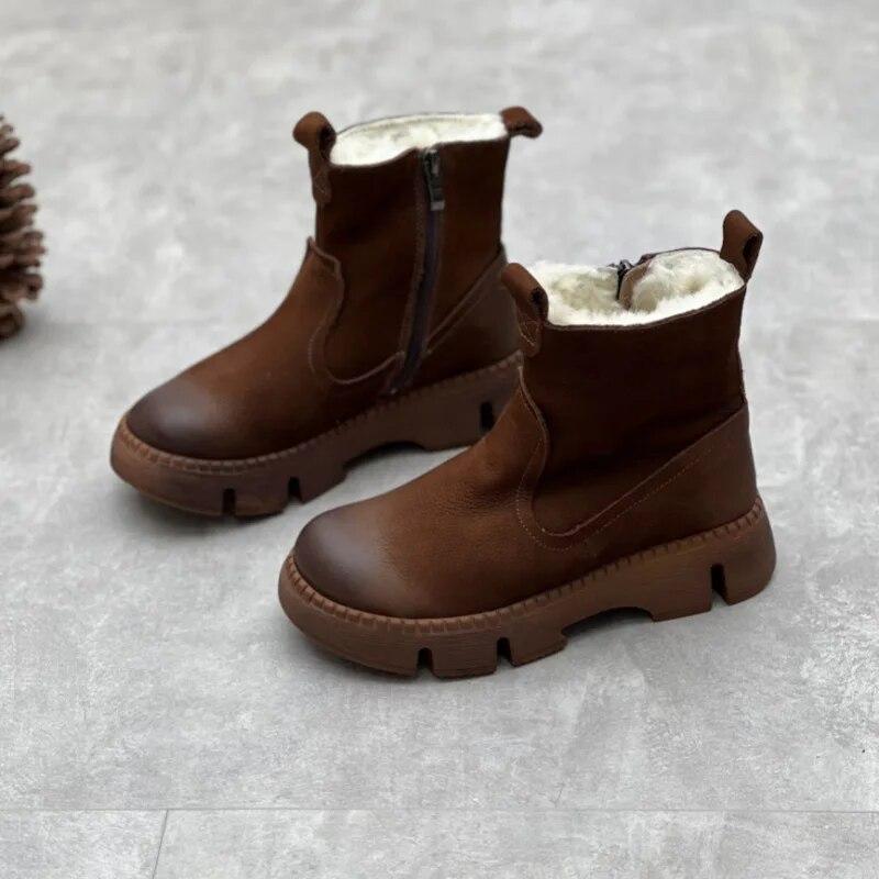 Johnature Vintage ručně vyráběné boty z pravé kůže s kulatou špičkou zesílená teplá silná podrážka dámské krátké boty