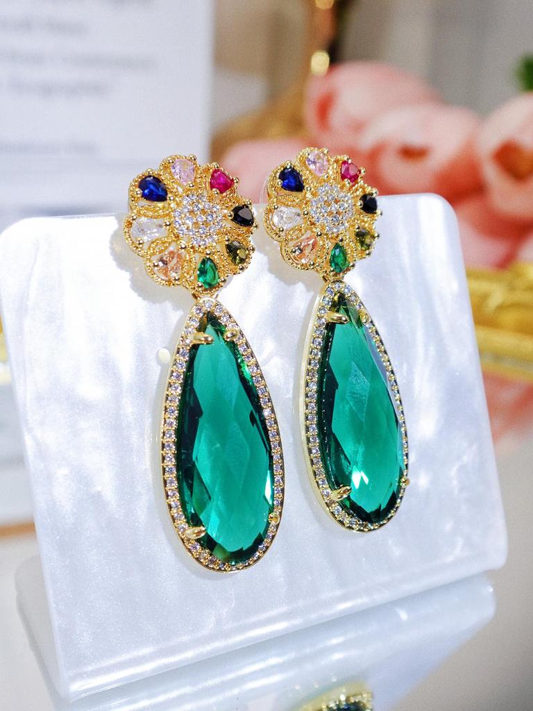 WWJ Unique Sense Of Plant Flower Design Long Light Green Pendant Earrings Heavy Industry Zircon Ladies Party Jewelry