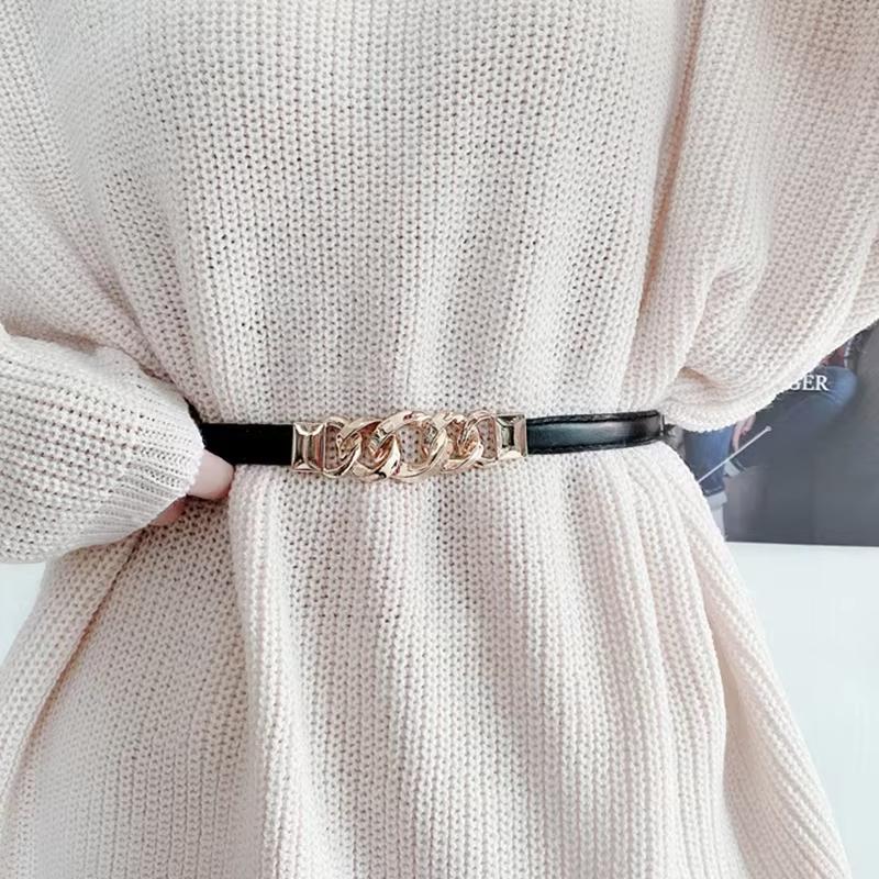 Metal Chain Buckle Belt For Women Lady Solid Color Thin PU Leather Adjustable Straps Jeans Pants Wild Decorative Waistband