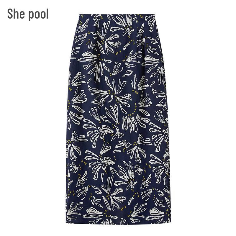 She Pool Elegant Floral Print High-Waisted Midi Skirt M