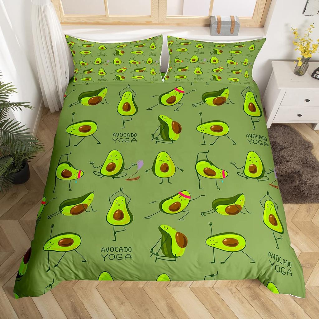 Fruit Soft Duvet Cover Set, Lovely Carton Avocado Decor 3 Piece Beding Set featuring 2 Pilow Shams, Quen King Ful Sized Dimensions, Paprika Gren