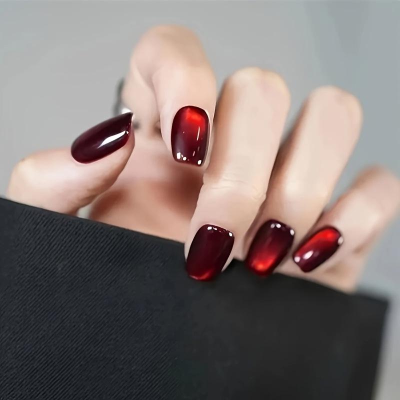 Red Cherry Mirror Cat Eye Reusable Glitter Nails – Perfect for New Year & Valentine's Day.