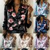 Damen Satin Langarm Hemd Großer Blumendruck Bluse Revers Einreiher Elegant Locker Büro Oberteile