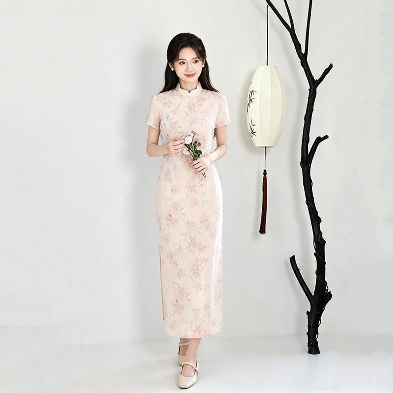 Pink national style new Chinese style Suzhou daily long cheongsam improved young 1011 new women's high sense summer