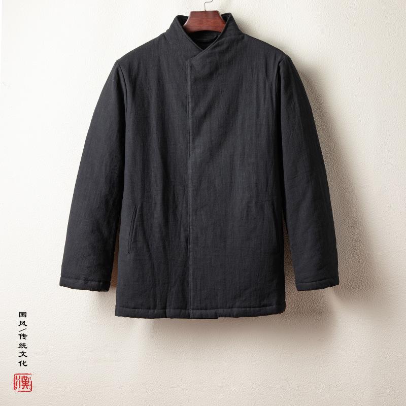 Męska zimowa retro chińska kurtka bawełniana: Pogrubiony Hanfu w stylu Zen do ceremonii herbaty.