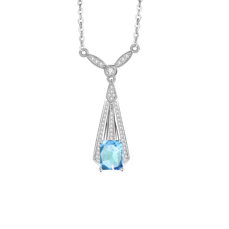 S925 Sterling Silver Art Deco Necklace Female Amethyst Peridot Geometric Pendant Light Luxury Clavicle Chain