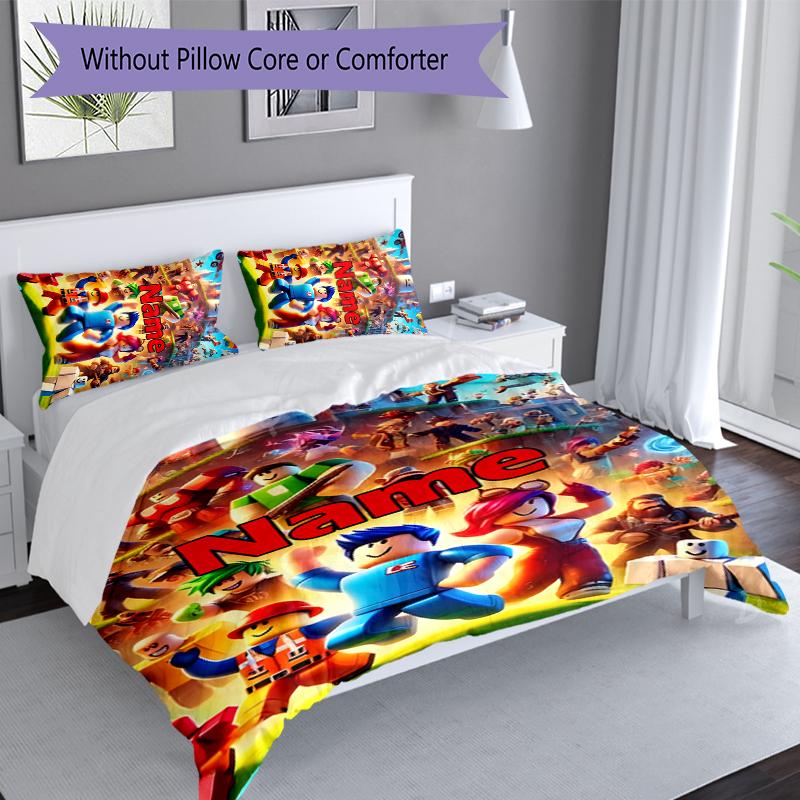 3pcs Custom Name Gaming Roblox Bedding Set,Includes 1 Duvet Cover and 2 Pillowcases,All-season Bedroom Decor