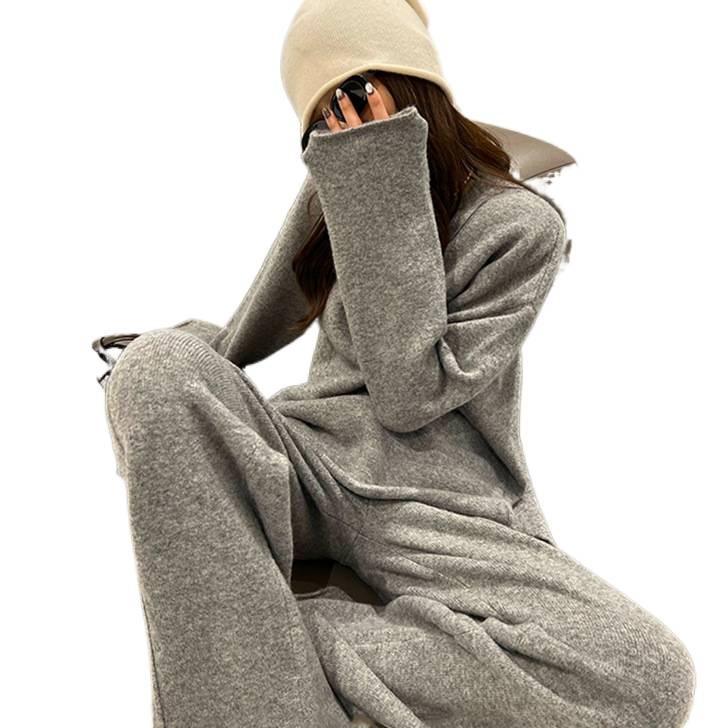 Korean Style Soft and Lazy Style Knitted Suit Autumn and Winter Gentle Round Neck Pullover Sweater Wide Leg Pants Two-piece Set for Women
