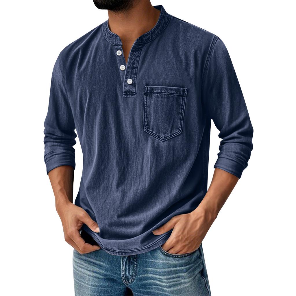 Men's Solid Color Washed Sports Button Pocket Stand Collar Long Sleeve Top