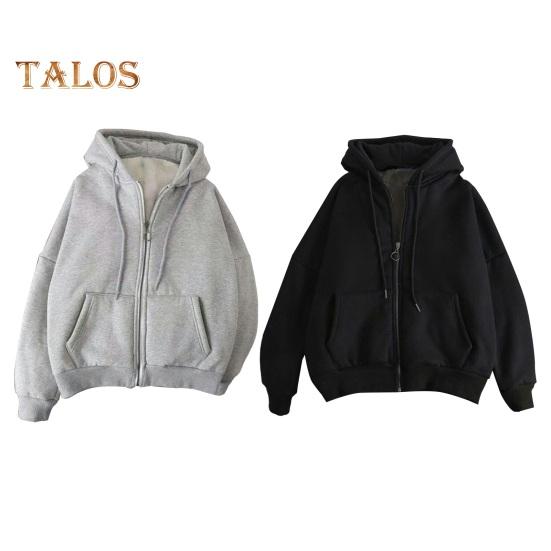 Fall Winter Men Coat Zip-up Long Sleeves Elastic Cuff Thick Plus Size Drawstring Plush Solid Color Loose Pockets Daily Sport Hoodie