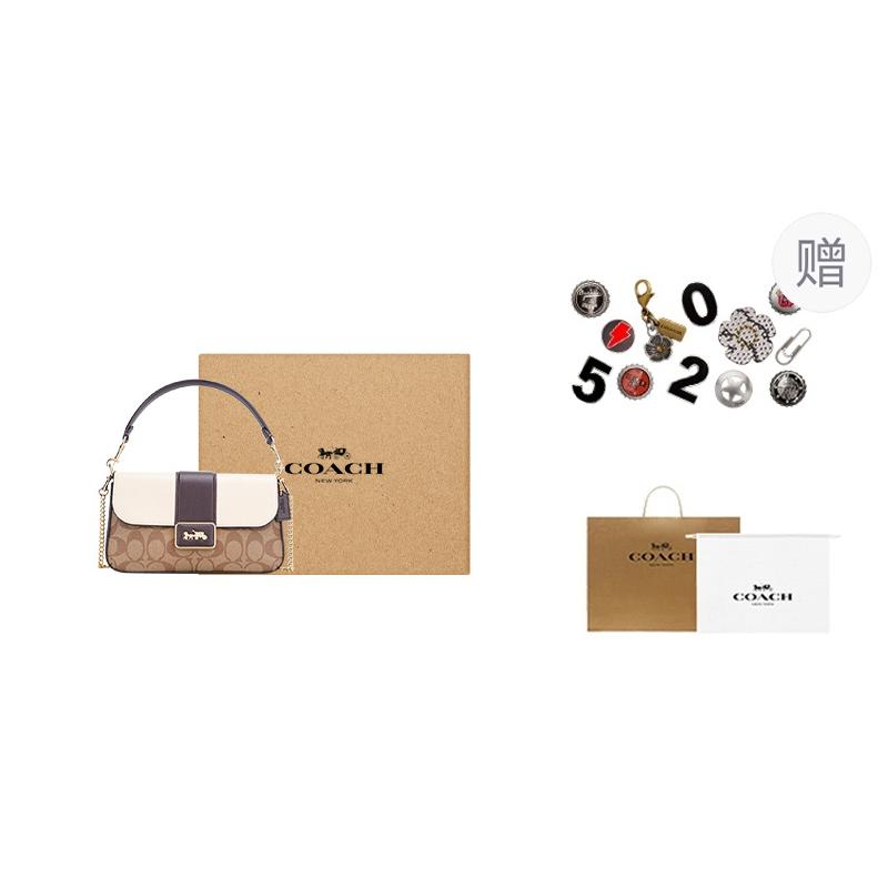 Coach Grace 22 Klassische Monogramm-Canvas- und Lederschultertasche Damen-Schultertasche Khaki-Braun Weiß CC033-IMOTV