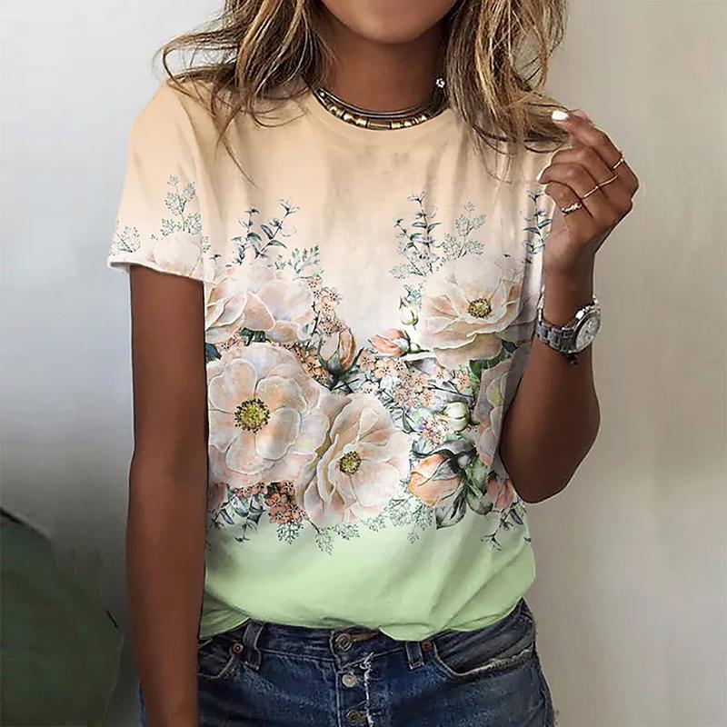 Women Summer T Shirt Trend Flower Print Retro Fashion Short Sleeve Tees Casual   Printed  Tops