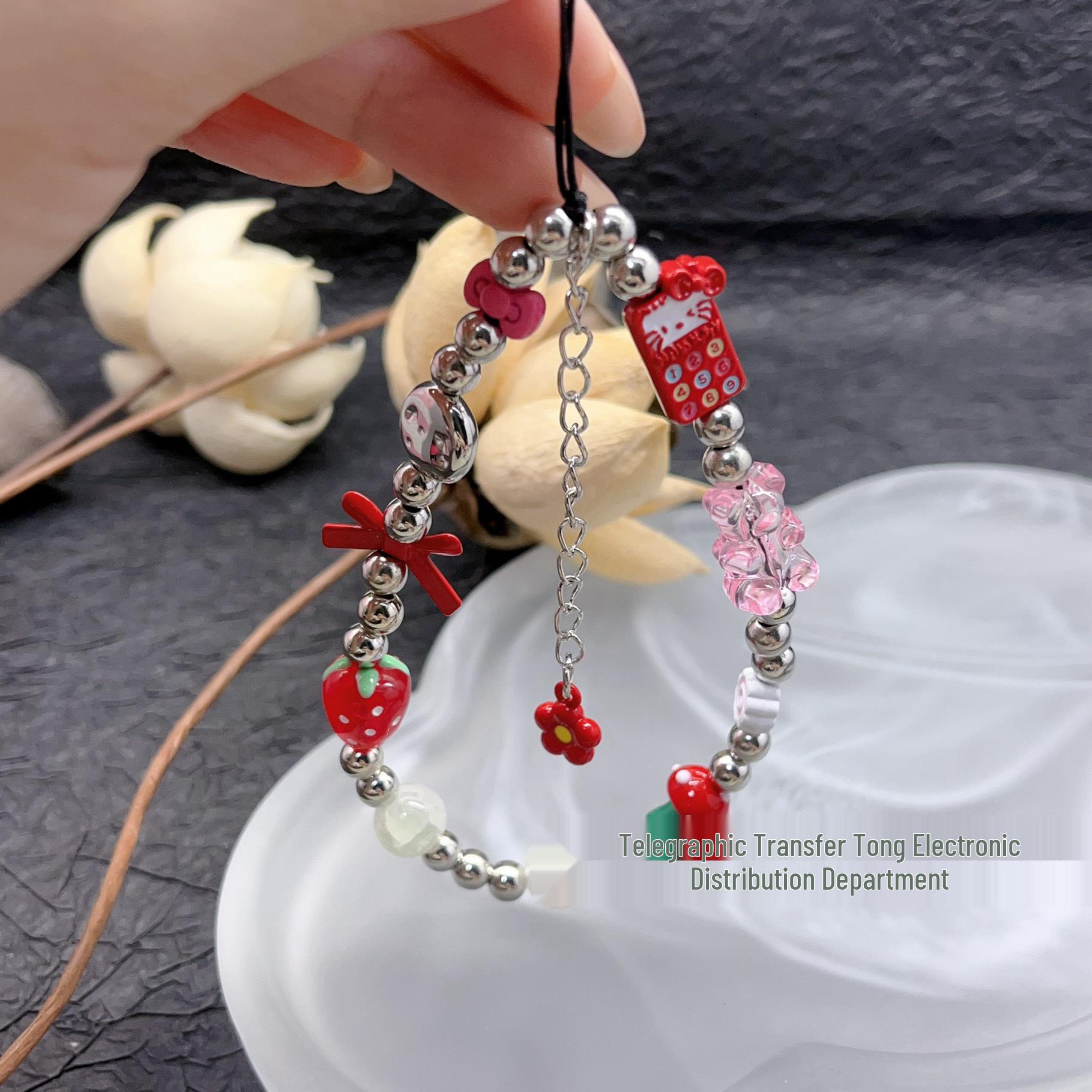 Strawberry Bear Cartoon Phone Case with Lanyard and Camera Charm